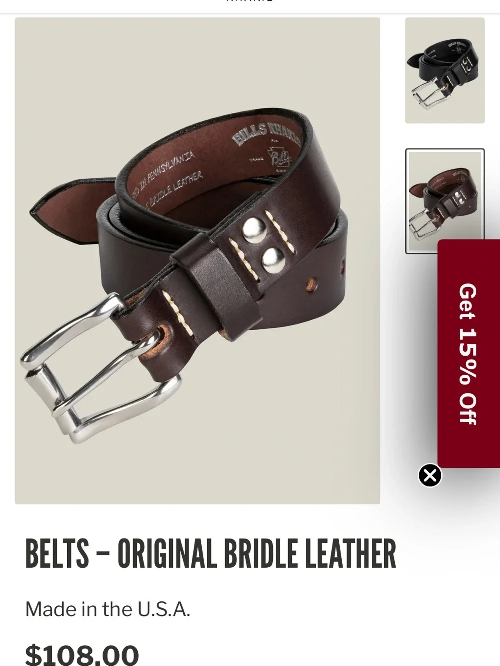 Bill’s Khaki’s Men's Original Bridle Leather Belt - Brown 40/42